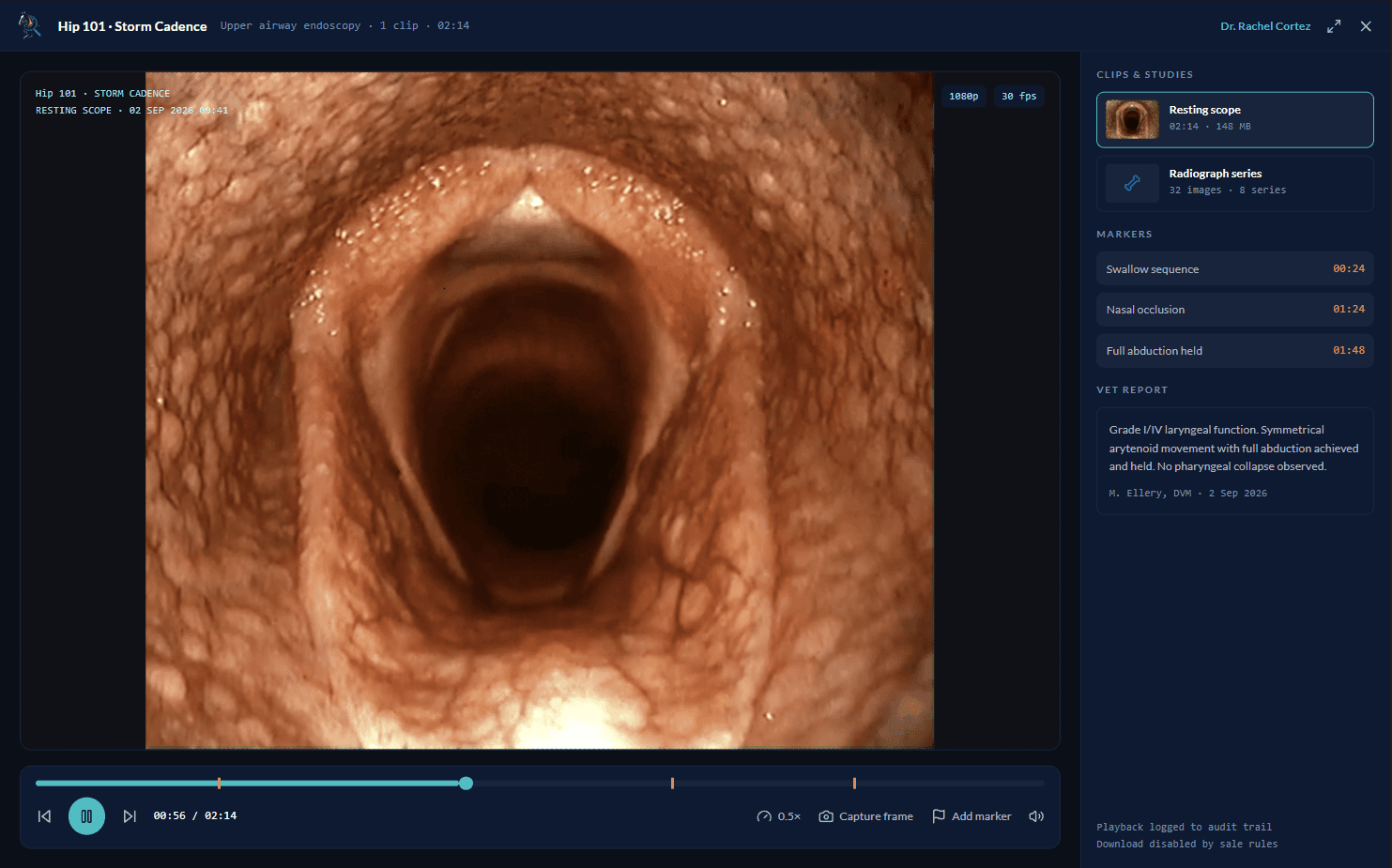 EquiLens scope video viewer with markers and the submitting vet's finding