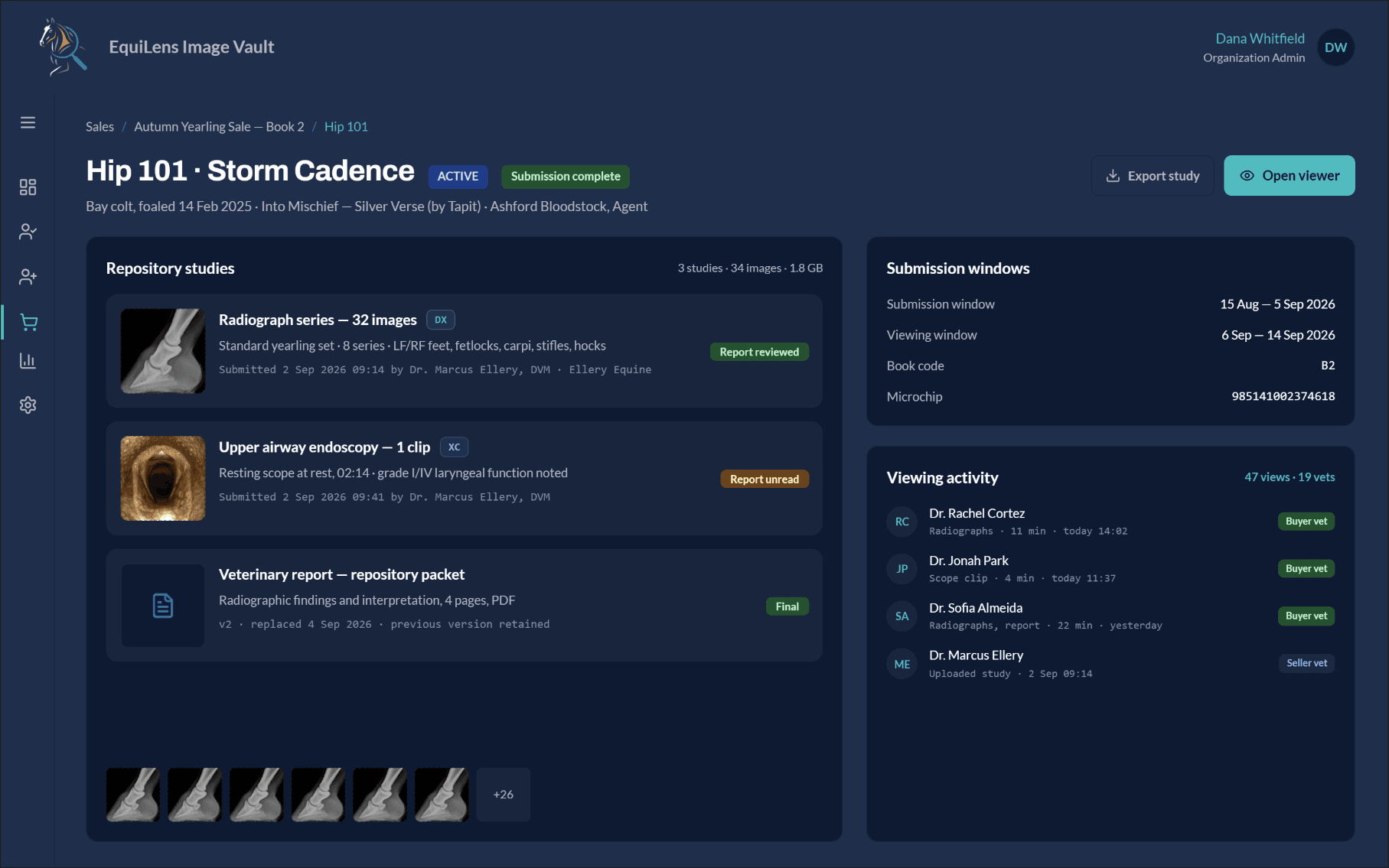 EquiLens hip detail: repository studies, submission windows and viewing activity